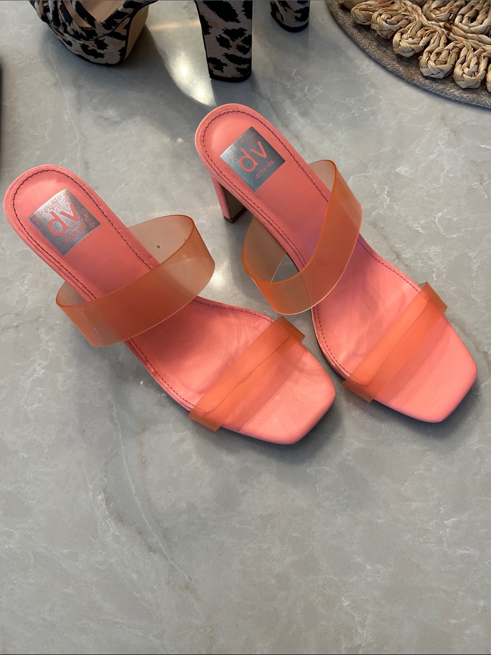 DV by Dolce Vita Coral-Pink Clear Strap Block Heel Mules